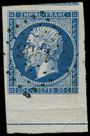 EMPIRE NON DENTELE L14Ai 20c. Bleu, T I, Bdf Avec FILET D'ENCADREMENT, Obl. PC, Voisin En Haut, Superbe - 1853-1860 Napoleon III