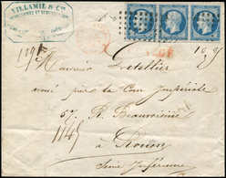 Let EMPIRE NON DENTELE 14A  20c. Bleu, T I, BANDE De 3 Obl. GROS POINTS S. Env. CHARGE, Càd Rouge BUREAU CENTRAL 20/9/58 - 1853-1860 Napoleon III