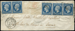 Let EMPIRE NON DENTELE 14A  20c. Bleu PAIRE + BANDE De 3 Obl. PC 2242 S. Env., Càd T15 NEUFCHATEAU 12/10/60 Et Boite L,  - 1853-1860 Napoleon III