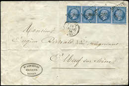 Let EMPIRE NON DENTELE 14Ae 20c. Bleu Sur Lilas T I, BANDE De 4 (1er T. P.d.) Obl. PC 2650 S. Env., Càd T15 RENNES 10/3/ - 1853-1860 Napoléon III