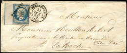 Let EMPIRE NON DENTELE L14Ai 20c. Bleu, Bdf Avec FILET D'ENCADREMENT, Obl. PC 3537 S. Env., Càd VERSAILLES 31/10/54, TB - 1853-1860 Napoléon III