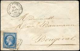 Let EMPIRE NON DENTELE 14B  20c. Bleu Obl. GRILLE S. Env., Càd BRIGADE FRANCAISE ITALIE 14/7/61, TTB - 1853-1860 Napoleon III