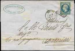 Let EMPIRE NON DENTELE 14Ba 20c. Bleu Sur VERT, T II, Obl. PC 3382 S. LSC, Càd T15 TOULON S. MER 6/5/61, TB - 1853-1860 Napoleone III