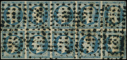 EMPIRE NON DENTELE 15   25c. Bleu, BLOC De 10 Obl. GROS POINTS, Léger Pli Sur Les 5 Ex. Du Bas, TB. C - 1853-1860 Napoleone III