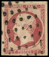 EMPIRE NON DENTELE 18    1f. Carmin, Obl. GROS POINTS, Belles Marges, TTB. C - 1853-1860 Napoleon III
