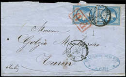 Let EMPIRE DENTELE 22   20c. Bleu (2) Obl. Càd PARIS 2/12/62 Et Grand P.D Rouge S. LAC Pour TURIN, TB - 1862 Napoleon III