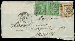 EMPIRE LAURE 35    5c. Vert Pâle Sur Bleu, PAIRE Et N°59 15c. Bistre Obl. GC 1454 S. Devant, Càd T17 EVREUX 6/1/72, TB - 1863-1870 Napoleon III With Laurels