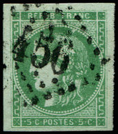 EMISSION DE BORDEAUX 42Bb  5c. Vert EMERAUDE FONCE, R II, Obl. GC, Inf. Froissure D'angle Mais Superbe Nuance Certifiée - 1870 Bordeaux Printing