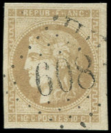 EMISSION DE BORDEAUX 43A  10c. Bistre, R I, Oblitéré GC 608, Frappe Superbe - 1870 Bordeaux Printing