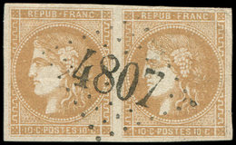 EMISSION DE BORDEAUX 43A  10c. Bistre, R I, PAIRE Obl. GC 4807 (indice 17), Frappe Superbe, TTB - 1870 Bordeaux Printing