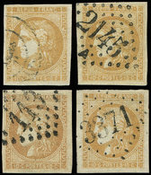 EMISSION DE BORDEAUX 43B  10c. Bistre-jaune, R II, 4 Ex. Choisis Obl. GC (3) Ou Càd (1), TTB - 1870 Bordeaux Printing