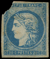 (*) EMISSION DE BORDEAUX 44A  20c. Bleu, T I, R I, Coin Supérieur Gauche Manquant - 1870 Bordeaux Printing