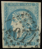 EMISSION DE BORDEAUX 44A  20c. Bleu, T I, R I, Obl. GC, Une Marge Fine Dans Un Angle, TB - 1870 Bordeaux Printing