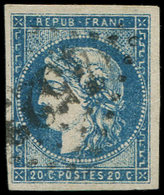 EMISSION DE BORDEAUX 44Ba 20c. Bleu Foncé, T I, R II, Pos. 5, Obl. GC 4523, TB. C - 1870 Bordeaux Printing