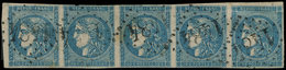 EMISSION DE BORDEAUX 45C  20c. Bleu, T II R III, BANDE De 5 Obl. GC 1484, Filet Effleuré S. 2e T., RR En Bande, TB, Cote - 1870 Bordeaux Printing