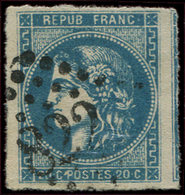 EMISSION DE BORDEAUX 46Ab 20c. Bleu Foncé T III, R I, Obl. GC, Grandes Marges, TTB - 1870 Bordeaux Printing
