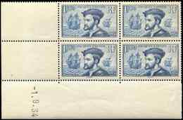 ** EMISSIONS DU XXème SIECLE 297   J. Cartier, 1f50 Bleu, BLOC De 4 CD 1/9/34, TB - Unused Stamps