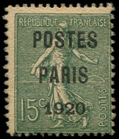 (*) PREOBLITERES 25  15c. Olive, POSTES PARIS 1920, TB - 1893-1947
