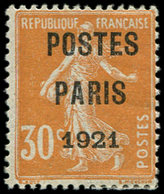 * PREOBLITERES 29  30c. Orange, POSTES PARIS 1921, TB. J - 1893-1947