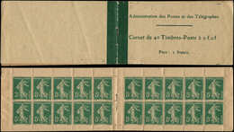 CARNETS (N°Cérès Jusqu'en1964) 11   Semeuse Camée,  5c. Vert, N°137A, T II, Carnet De 20, Papier GC Chamois, Couv. Papie - Altri & Non Classificati