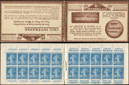 CARNETS (N°Cérès Jusqu'en1964) 56   Semeuse Camée, 30c. Bleu, N°192A, T IIB, S. 100 C, SABLE BLANCHON, Bas De Feuille, S - Other & Unclassified