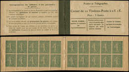 CARNETS (N°Cérès Jusqu'en1964) 68   Semeuse Lignée, 15c. Vert-olive, N°130D, T V, Couverture Postale (4 Pages), TB - Altri & Non Classificati