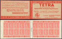 CARNETS (N°Cérès Jusqu'en1964) 75   Semeuse Lignée, 50c. Rouge, N°199A, T I, S. 138 RP-A, TETRA, Haut De Feuille, TTB - Sonstige & Ohne Zuordnung