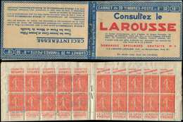 CARNETS (N°Cérès Jusqu'en1964) 100  Semeuse Lignée, 50c. Rouge, N°199B, T IIB, S. 186, LAROUSSE, Haut De Feuille, TTB - Other & Unclassified