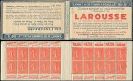 CARNETS (N°Cérès Jusqu'en1964) 126  Semeuse Lignée, 50c. Rouge, N°199D, T IV, S. 296-A, LAROUSSE, Superbe - Altri & Non Classificati