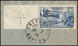 TIMBRES DE LIBERATION CHERBOURG 17 : 2f. + 3f. Bleu, Bdf, Obl. 26/7/44 Sur Fragt, TB - Libération