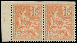 ** VARIETES 117b  Mouchon, 15c. Orange, DENTELE 3 COTES, Format Plus Grand, PAIRE Petit Bdf, TTB - Unused Stamps