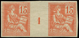 (*) VARIETES 117c  Mouchon, 15c. Orange, NON DENTELE, PAIRE Mill. 1, TB - Unused Stamps