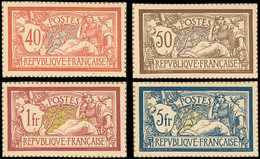 (*) VARIETES 119/21 Et 123 Merson, 40c., 50c., 1f. Et 5f., NON DENTELES Sur Bristol, Dentelure FIGUREE, TB - Unused Stamps