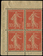 ** VARIETES 138l  Semeuse Camée, 10c. Rouge, Papier GC, BLOC De 4 Avec Bords De Carnet, TB - Unused Stamps