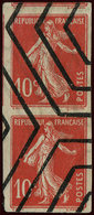 VARIETES 138   Semeuse Camée, 10c. Rouge, PAIRE Verticale NON DENTELEE Annulée Hexag., TB - Unused Stamps