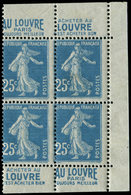 ** VARIETES 140f  Semeuse Camée, 25c. Bleu, BLOC De 4 Avec Pub LOUVRE, Piquage DECALE, TB - Unused Stamps