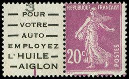 ** VARIETES 190   Semeuse Camée, 20c. Lilas-rose, Interp. Pub AIGLON, TB, Cote Maury - Unused Stamps