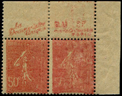 ** VARIETES 199   Semeuse Lignée, 50c. Rouge, Impression DETRUITE, PAIRE Avec Pub D.U, Cdf, Ch. Sur Pubs, TB - Unused Stamps