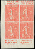 (*) VARIETES 199d  Semeuse Lignée, 50c. Rouge, T IIB, NON DENTELE, BLOC De 4 Avec Pubs, Cdf, TB - Unused Stamps