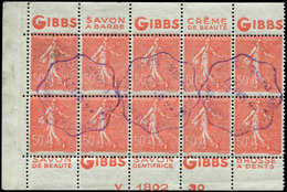 VARIETES 199   Semeuse Lignée, 50c. Rouge, BLOC De 10 De Carnet, Pub GIBBS, Annulation De L'Agence Comptable, TB - Unused Stamps