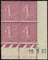 * VARIETES 202a  Semeuse Lignée, 75c. Lilas-rose, T II, BLOC De 4 CD 19/5/32, 2 Ex. ** Mais Avec Rouss., Les Autres TB,  - Unused Stamps