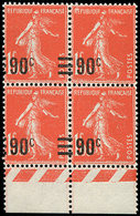 ** VARIETES 227b  Semeuse Camée, 90c. S. 1f.05, VALEUR Sur VALEUR Avec Barres, BLOC De 4 Dont Un Ex. *, TB - Unused Stamps