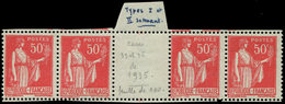 ** VARIETES 283   Paix, 50c. Rose-rouge, BANDE De 4 Interp., 2 Ex. T IIA, RR Et TB - Unused Stamps