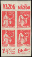 ** VARIETES 283b  Paix, 50c. Rouge, T II, NON DENTELE, BLOC De 4 Avec Pub, Bord Sup. *, TB, Cote Cérès - Unused Stamps