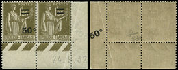 ** VARIETES 298   Paix, 50c. S. 1f.25 Olive, BARRES SEULES Par Pliage Avec 50c. Imprimé Au Verso Tenant à Normal, TTB. C - Unused Stamps