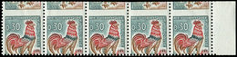 ** VARIETES 1331A  Coq De Decaris, 0,30 Vert, Rouge Et Bistre, BANDE De 5, PIQUAGE à CHEVAL, TB - Unused Stamps