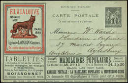 Let ENTIERS POSTAUX Sage, 10c. Noir, CP Annonces N°G35p2, Laffaille S. 35, FIL A LA LOUVE Pour L'Angleterre, Non Obl., R - Altri & Non Classificati