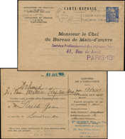 Let ENTIERS POSTAUX Gandon, 12f. Bleu, CP De Service N°K3c, Bx De La Main D'oeuvre, Embauche Masculine, Obl. 19/4/51, TB - Other & Unclassified