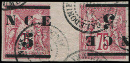NOUVELLE CALEDONIE 7a : 5 Sur 75c. Carmin, PAIRE Interp., Un Ex. Surcharge RENVERSEE, Obl., TB. J - Unused Stamps