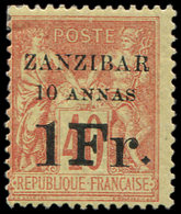 * ZANZIBAR 16b : 1Fr. Et 10a. Sur 40c. Rouge-orange, T III, TB - Used Stamps